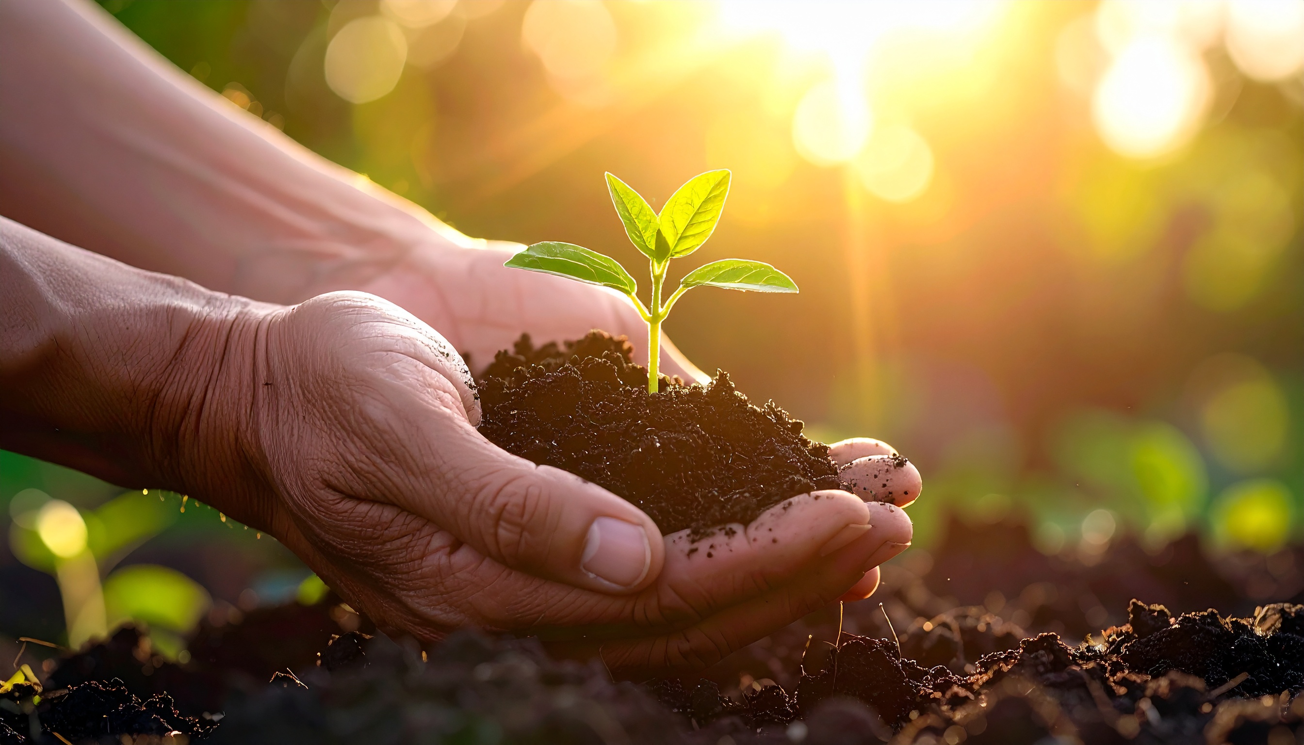 Mãos segurando uma pequena muda de planta em solo escuro, destacada contra um fundo de luz solar suave e desfocado. A imagem possui uma atmosfera de renovação e crescimento, com foco nítido na planta e iluminação quente realçando os detalhes das folhas verdes e do solo úmido.
